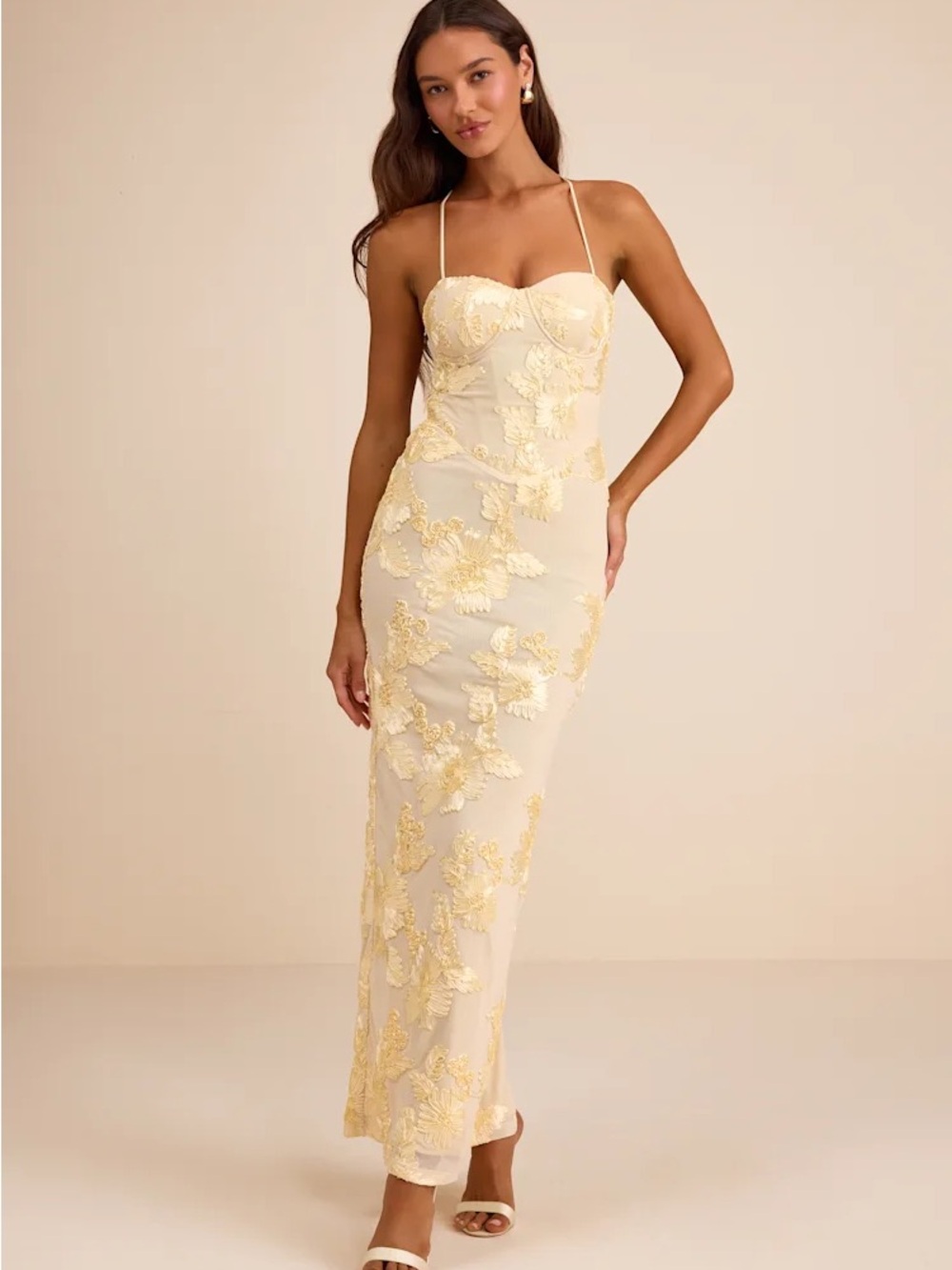 NWT Lulus Sz S Nantessa Light Yellow Floral Applique Lace-Up Maxi Dress